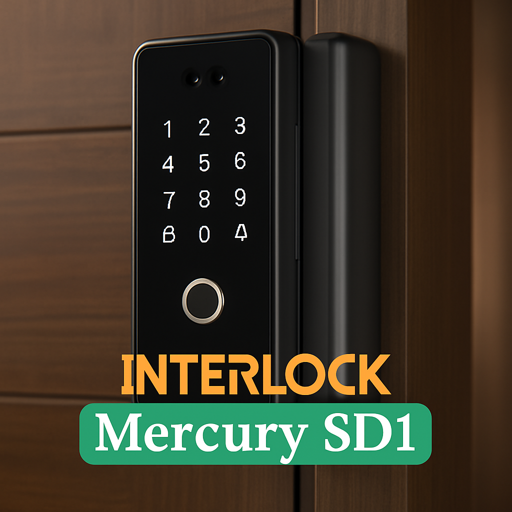 Sliding Digital door lock labeled 'INTERLOCK Mercury SD1' on a wooden door.