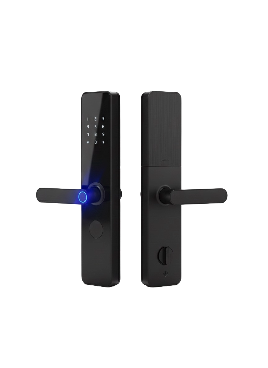 Black digital door lock on a white background