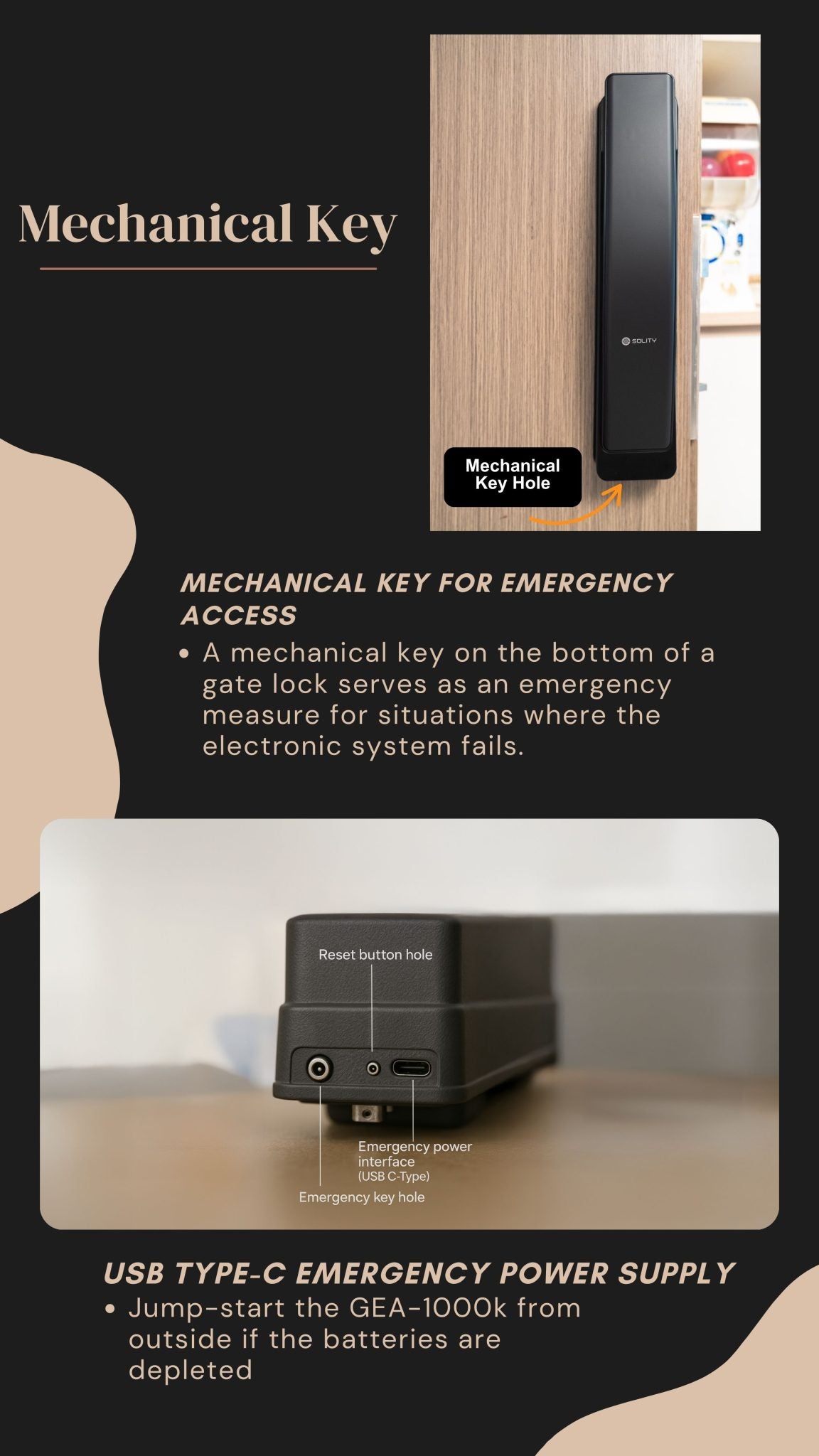 Solity GEA1000K Digital Lock Mechanical Key & USB Type C Emergency Power Supply