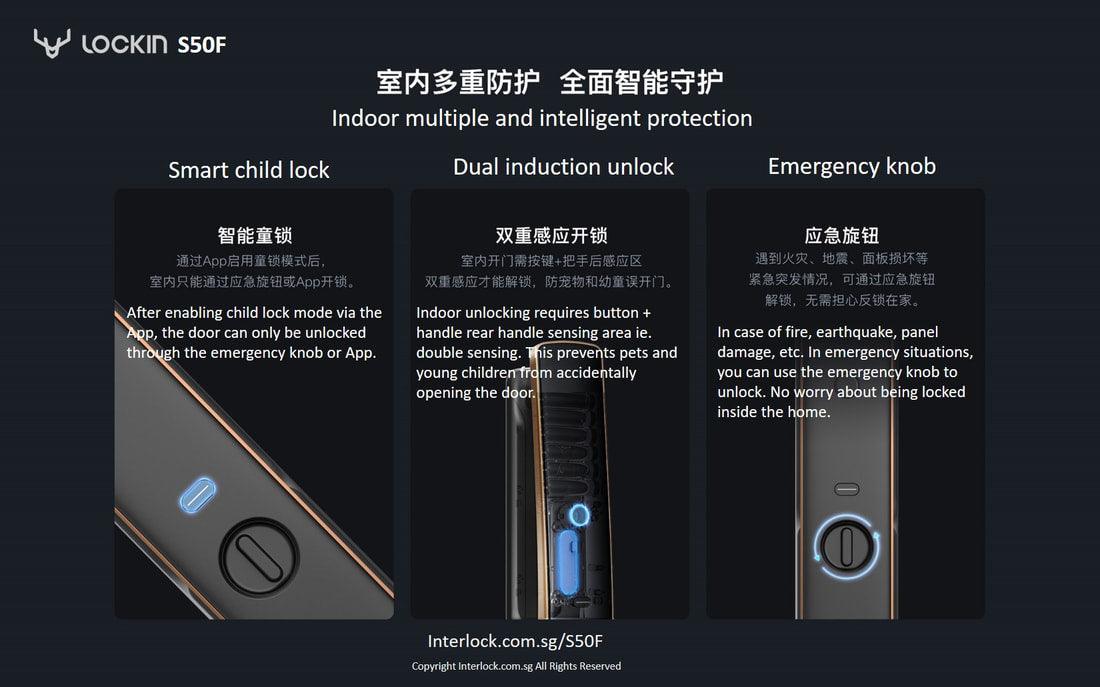 Lockin S50F: Indoor Multiple and Intelligent Protection. Smart child Lock, dual induction unlock and emergency knob