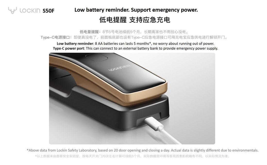 Lockin S50F: Supports Emergency Power unlock, charge with USB-C port