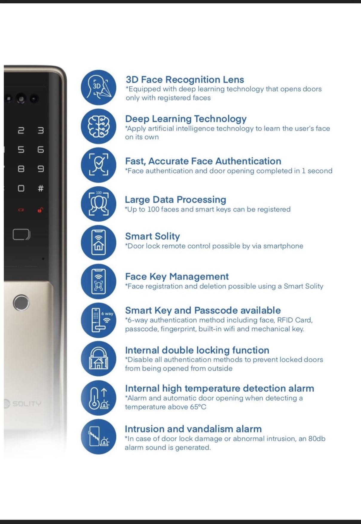 Solity GP6000 (Facial): Key Highlights including 3D Face Recognition Lens, Deep Learnjng Technology, Internal Double Locking feature, internal high temperature detection alarm.