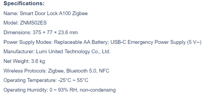 Aqara A100 智能门锁 product specification image