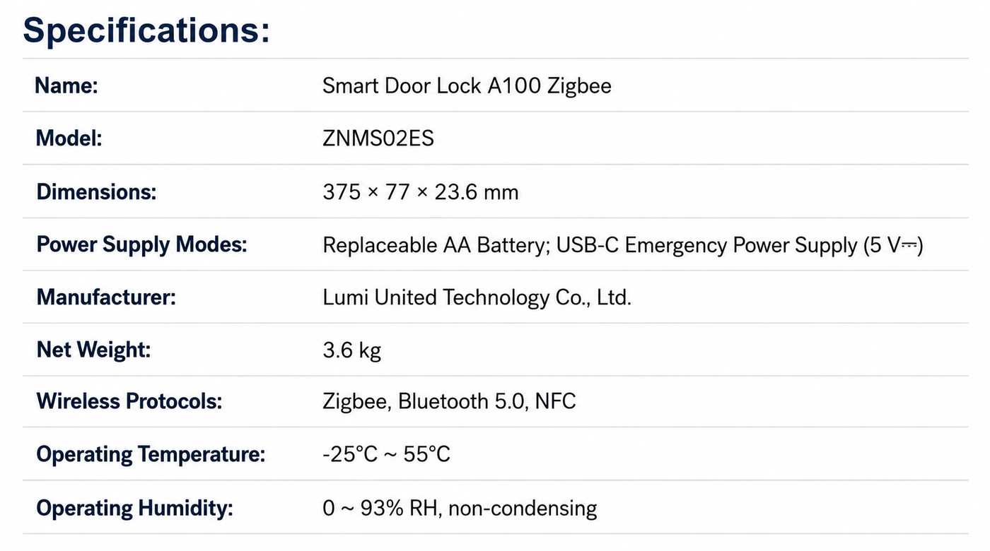Aqara A100 智能门锁 product specification image