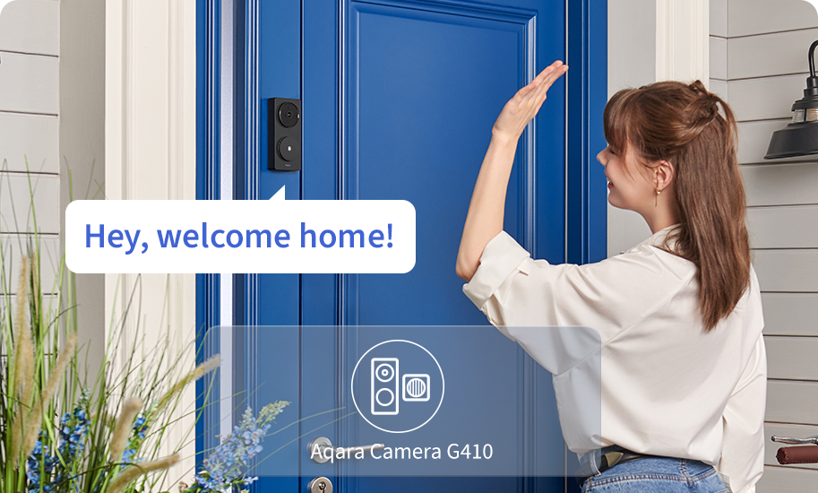 Woman opening a blue door with text 'Hey, welcome home!' and Aqara Camera G410 logo.
