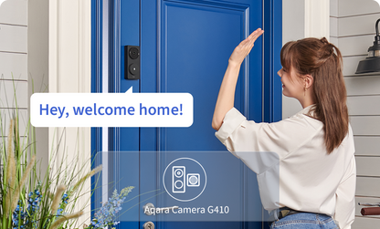 Woman opening a blue door with text 'Hey, welcome home!' and Aqara Camera G410 logo.