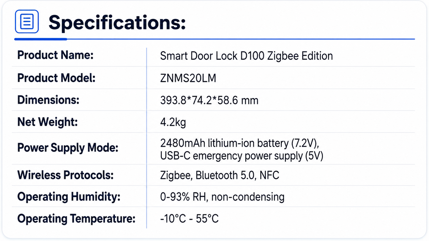 Aqara D100 智能门锁 product specification image