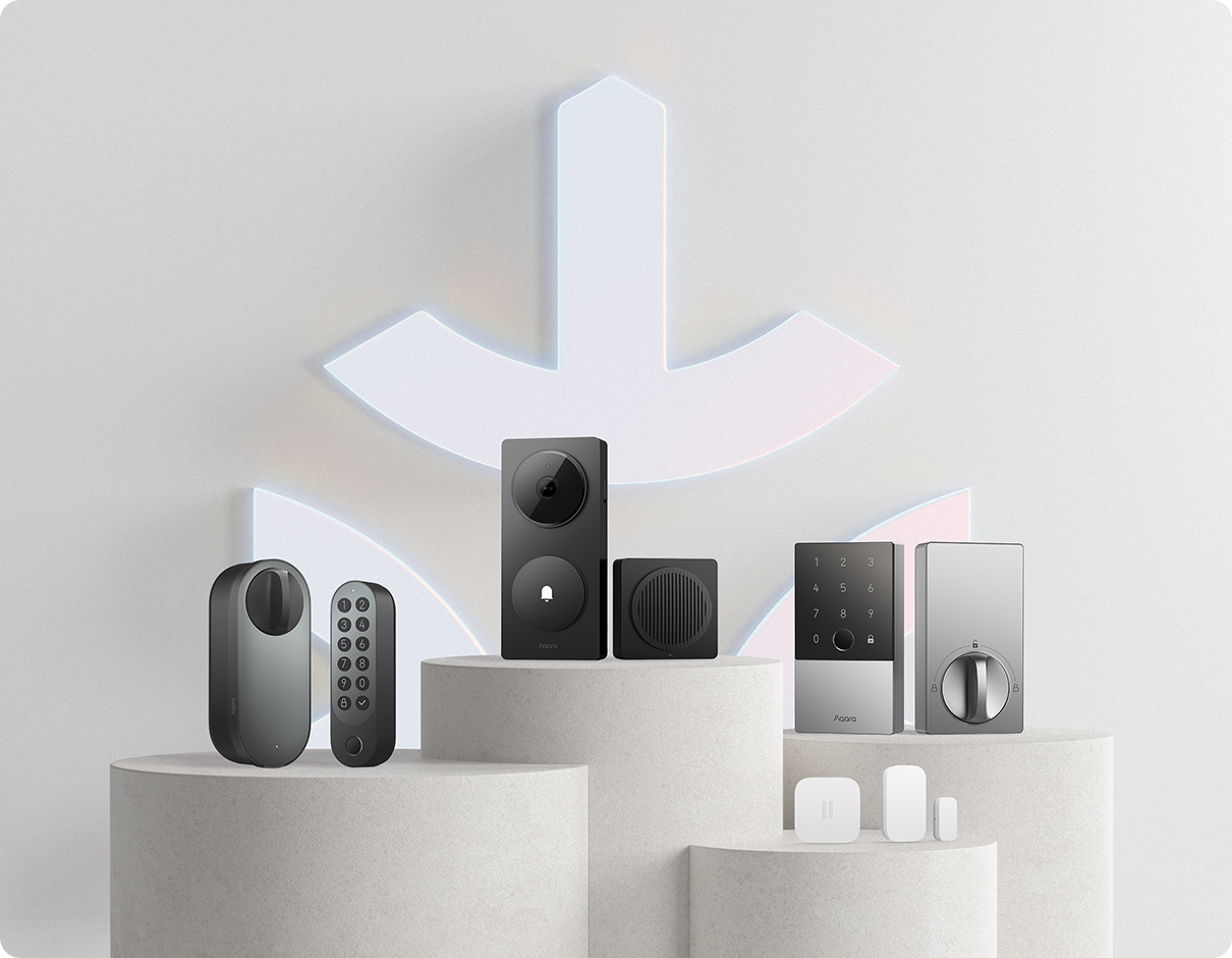 Modern electronic devices on a white background with a geometric light fixture.