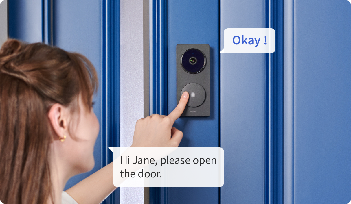 Person using a smart doorbell to open a blue door with text bubbles indicating communication.