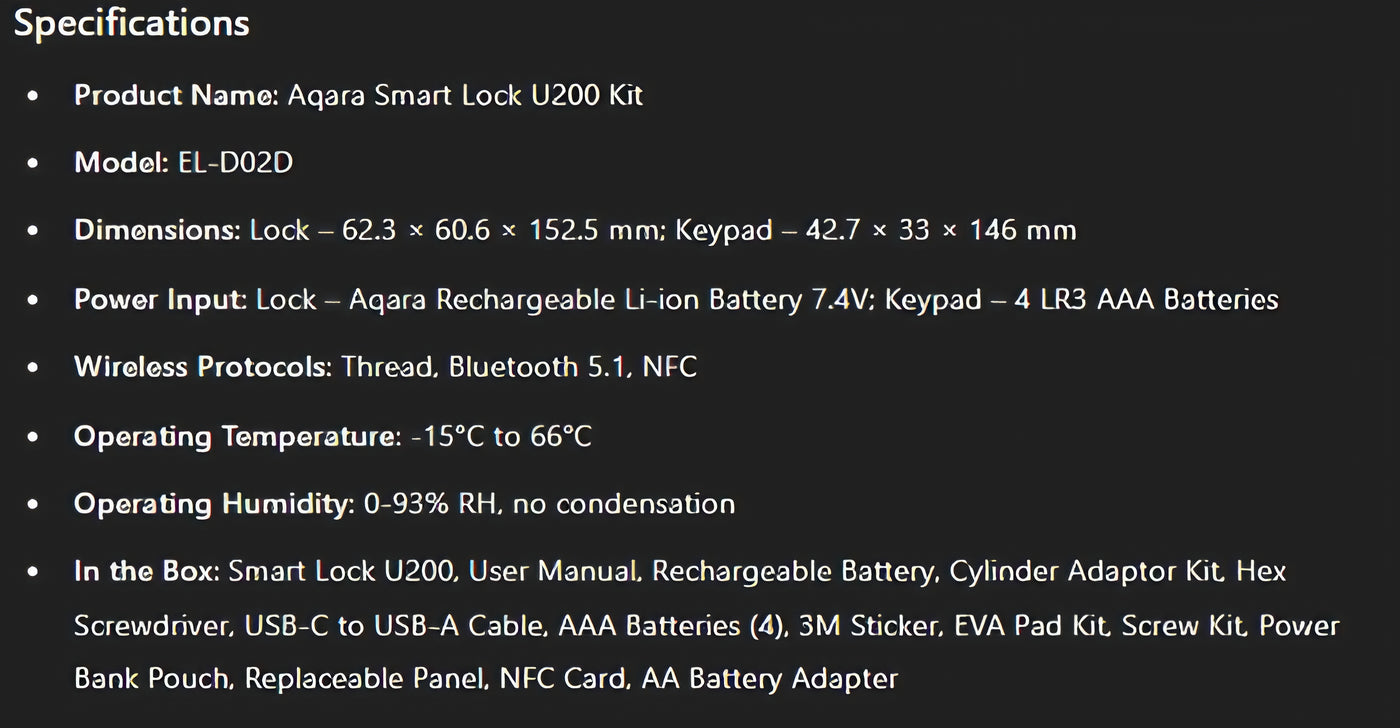 Aqara U200 Smart Door/Gate Lock product specification image