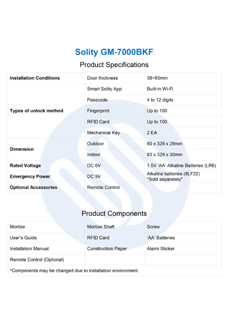 Solity GM7000: Product Specificaitons