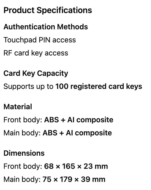 Gateman GR Sash Digital Door Lock (Slim Design for Narrow Frame Doors) product specification image