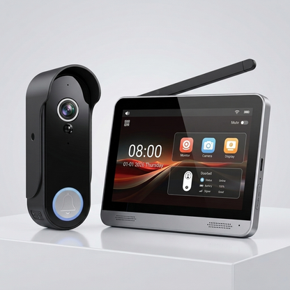A wireless smart home security kit featuring a black video doorbell with a blue-lit bell button and a matching black tablet displaying live camera feeds and app controls, set against a clean light gray background.