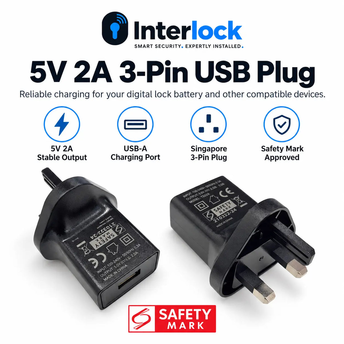 Interlock 5V2A 3PIN Usb A Plug | Singapore Safety Mark Certified
