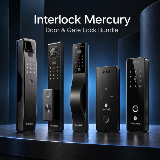 Five Interlock Mercury smart door and gate lock devices displayed in a row on a dark blue studio set with dramatic lighting and the text 'Interlock Mercury Door & Gate Lock Bundle' at the top.