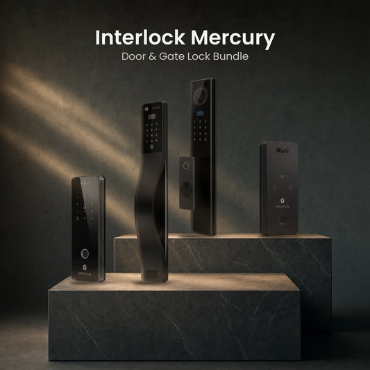 Interlock Mercury smart door and gate lock bundle with the X6 and X5 digital door locks and G4 and G3 gate locks on a stone display