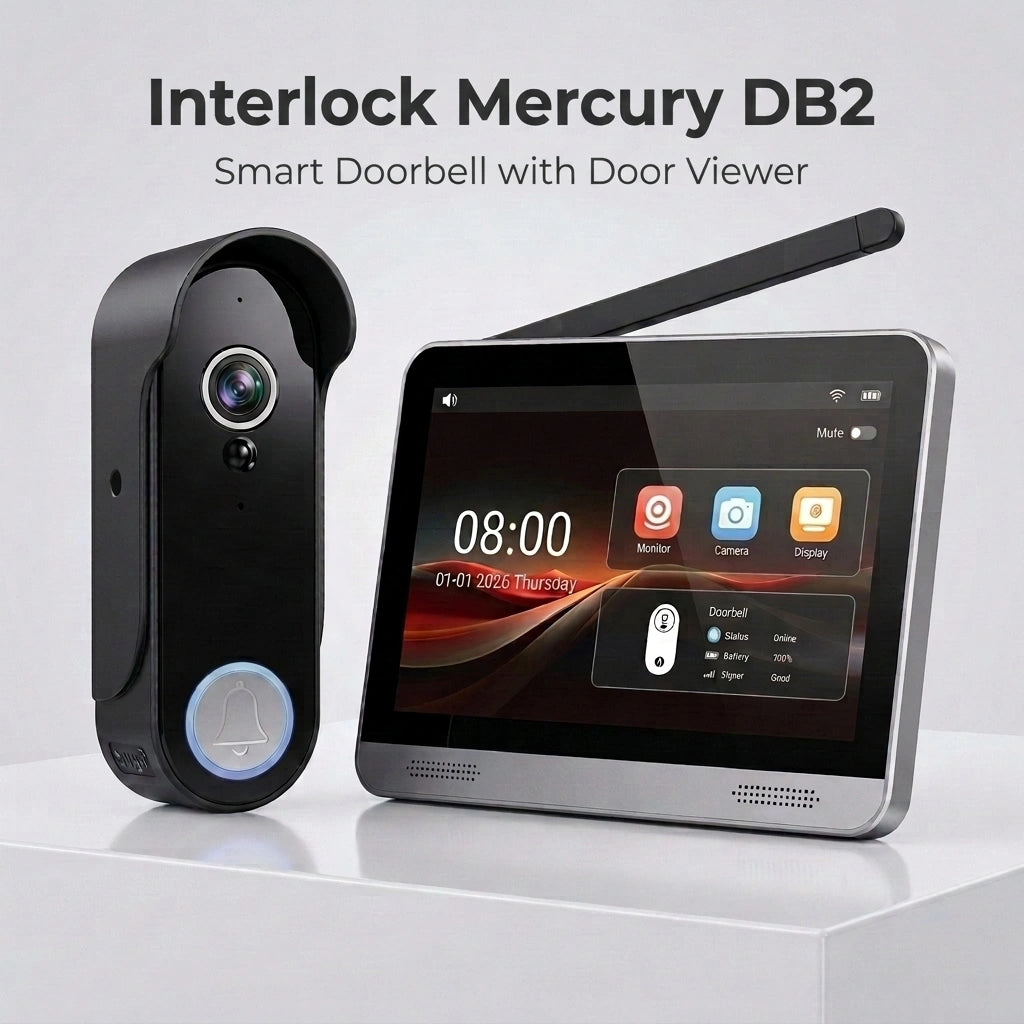 Interlock Mercury DB2 smart doorbell and door viewer kit on a light gray background. The left unit is a black smart doorbell with a blue-lit bell button, and the right unit is a silver-framed touchscreen door viewer with an antenna and on-screen interface.