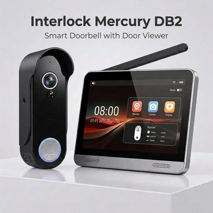Interlock Mercury DB2 smart doorbell and door viewer kit on a light gray background. The left unit is a black smart doorbell with a blue-lit bell button, and the right unit is a silver-framed touchscreen door viewer with an antenna and on-screen interface.