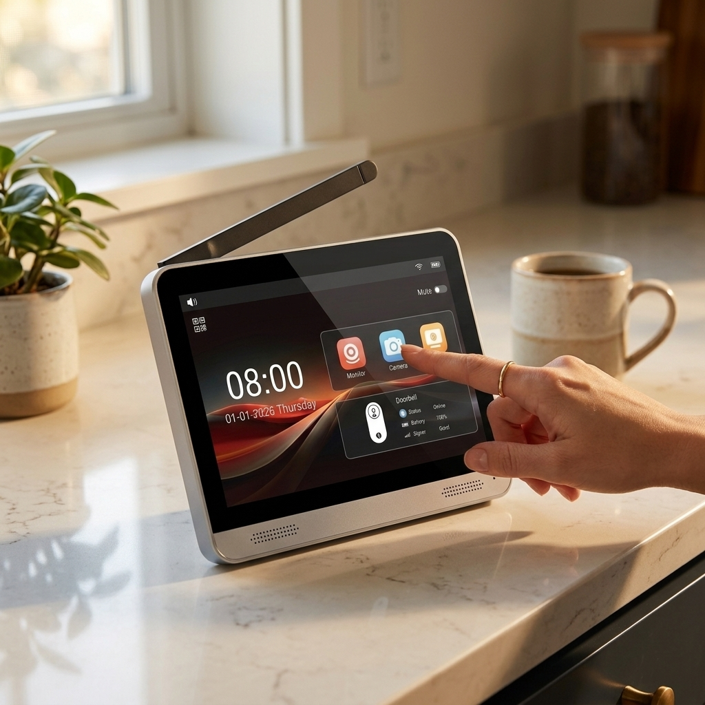 A modern digital tablet with an antenna and speaker grilles sits on a kitchen counter, displaying a smart home interface. A person's hand is touching the screen, and the background shows a window, plant, and coffee mug.
