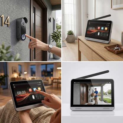 A four-panel collage showing a smart video doorbell and matching tablet home security devices in different real-world settings: mounted on a door, displayed on a console table, held in a hand, and shown on-screen with a live video feed. No person is fully present as the main subject, but hands and home environments are visible, so this fits Lifestyle rather than Product/Packaging.
