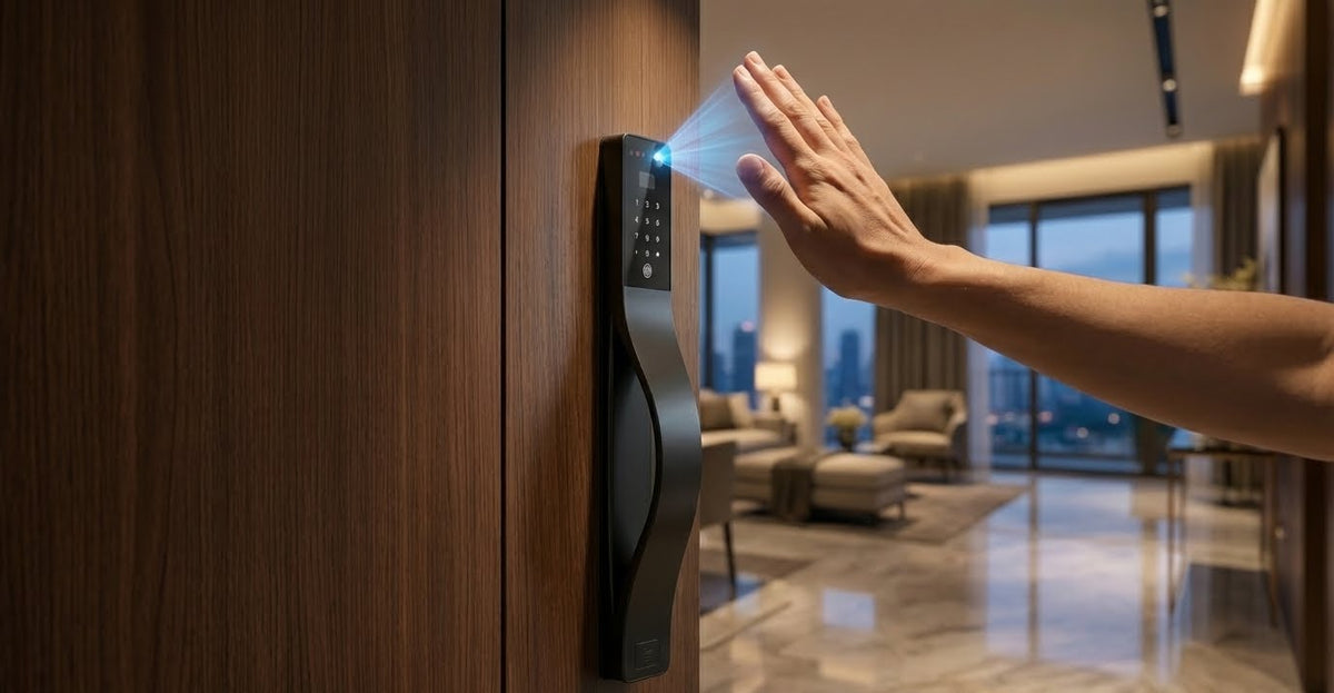 A high-end, hyper-realistic architectural photography shot of a sleek Mercury digital door lock on a premium dark wood designer door. The hand is held open and hovering 10cm directly above the top edge of the lock hardware, aligning with an upward-angled palm-vein camera. A sophisticated blue holographic light beam projects upward from the top end of the lock to scan the elevated palm. The hand is positioned in the upper third of the frame, clearly separated from the device to showcase the contactless metho