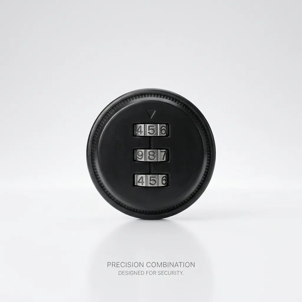 A round black combination lock with three numeric dials showing 456, 987, and 456, photographed on a clean white studio background with a faint reflection below.