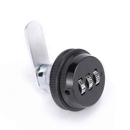 A black and silver combination lock with a three-digit numeric dial and a flat metal lever, shown on a white background.