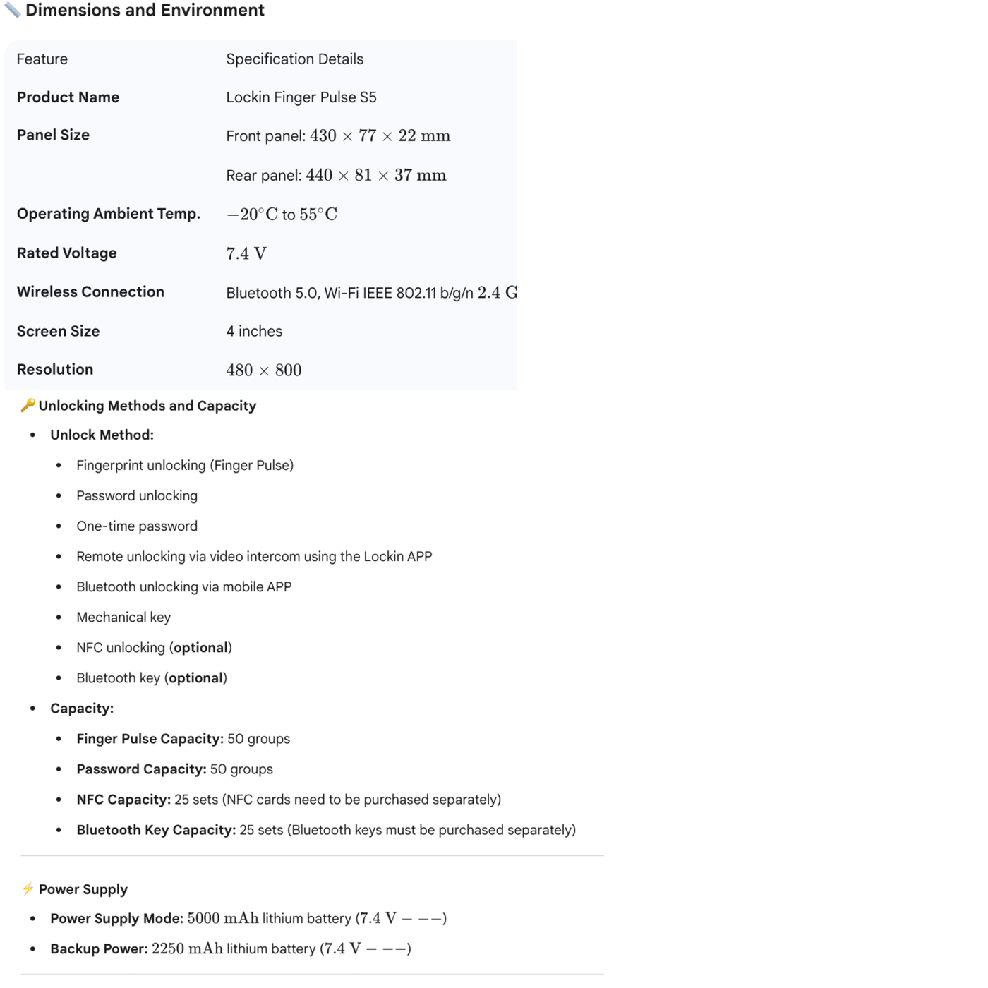 Lockin S5 Smart Door Lock product specification image