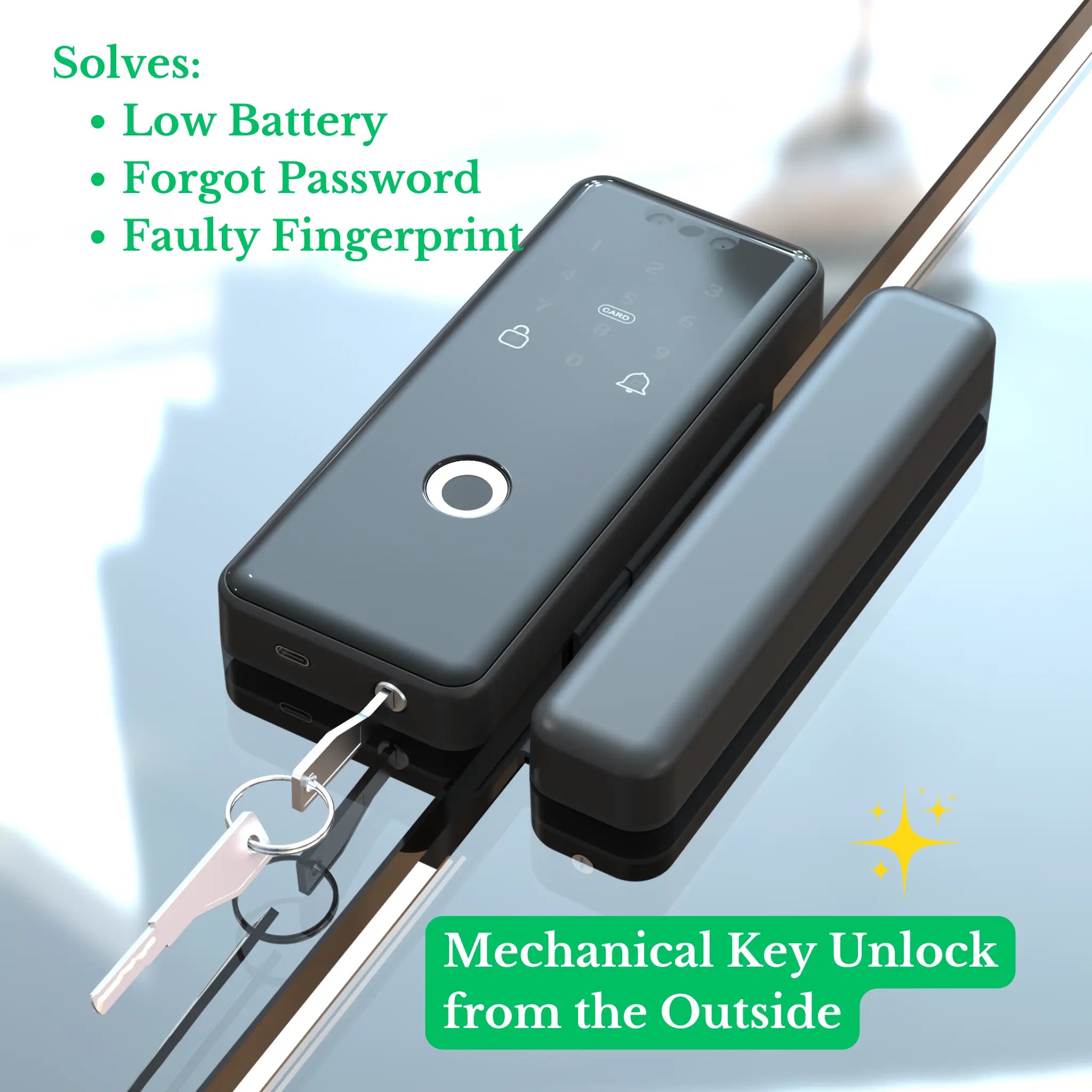 Interlock Mercury GD1: Unique External Mechanical Key Unlocking solving low battery issue, forgot password or faulty fingerprint issues.