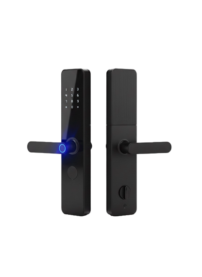 Black digital door lock on a white background