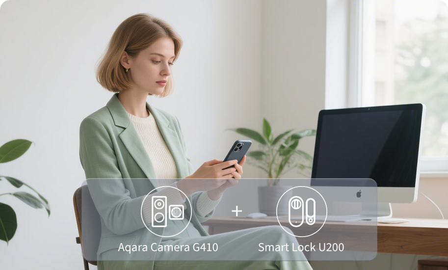 Woman using a smartphone with Aqara Camera G410 and Smart Lock U200 displayed on screen.
