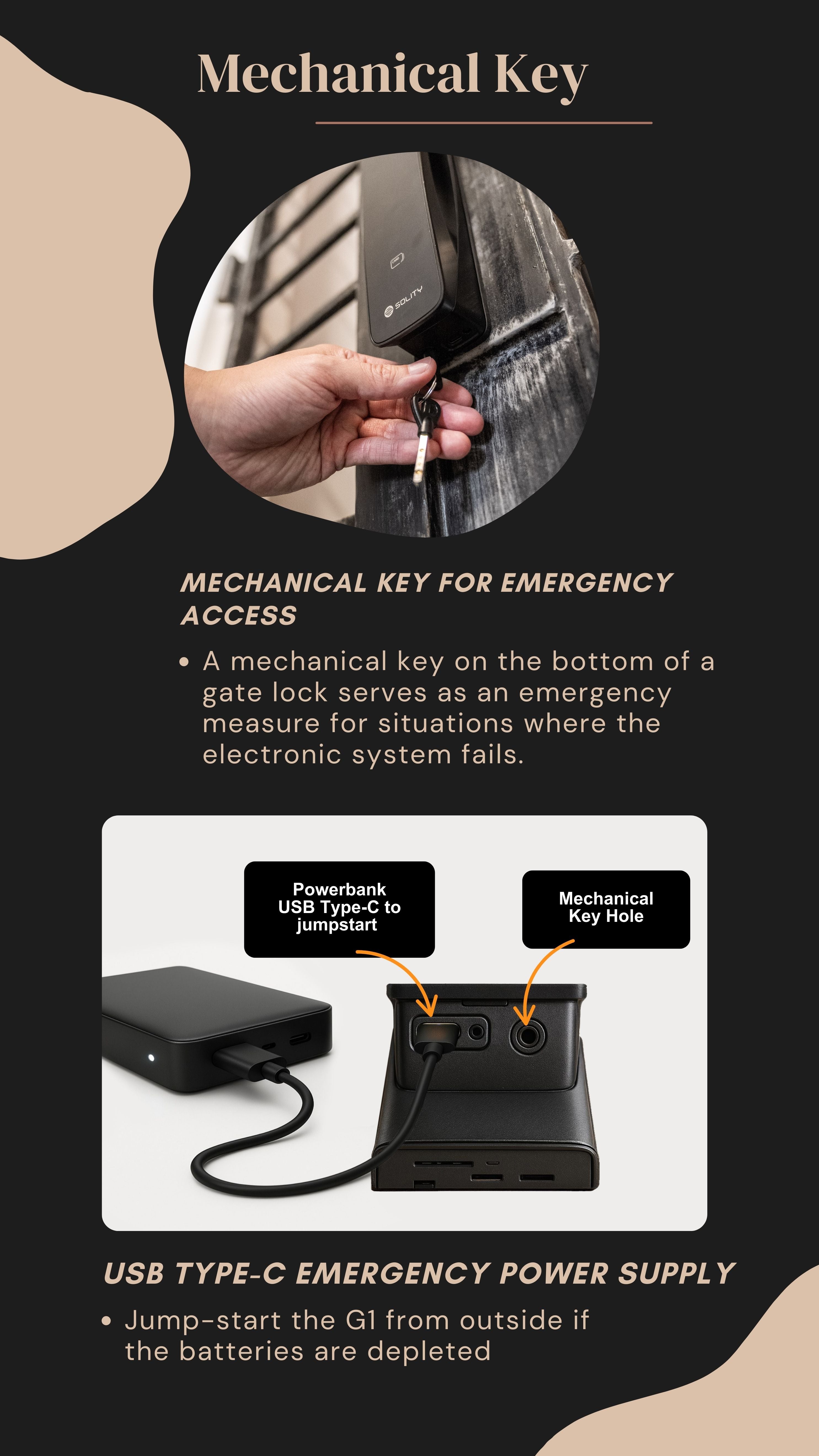 Solity G1 Gate Lock:  Emergency Unlock with Portable USB C Charger & Mechanical Key
