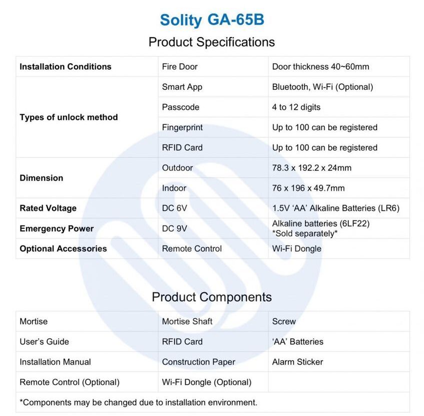 Solity GA65B Digital Door Lock product specification image