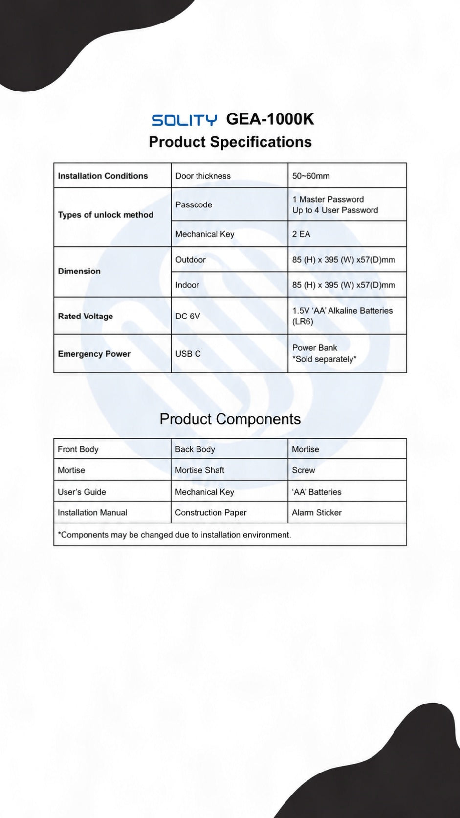 Solity GEA1000K 数字门锁 product specification image