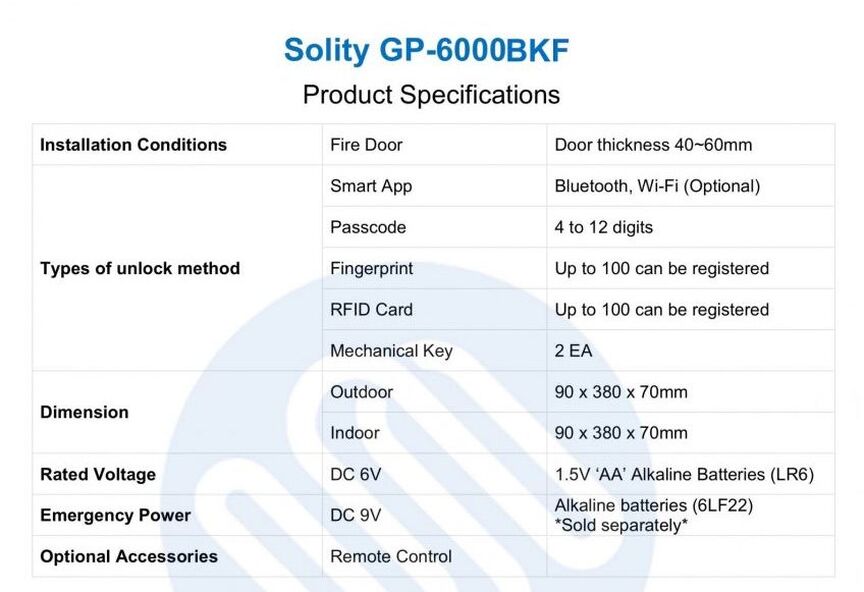 Solity GP-6000 Digital Door Lock product specification image